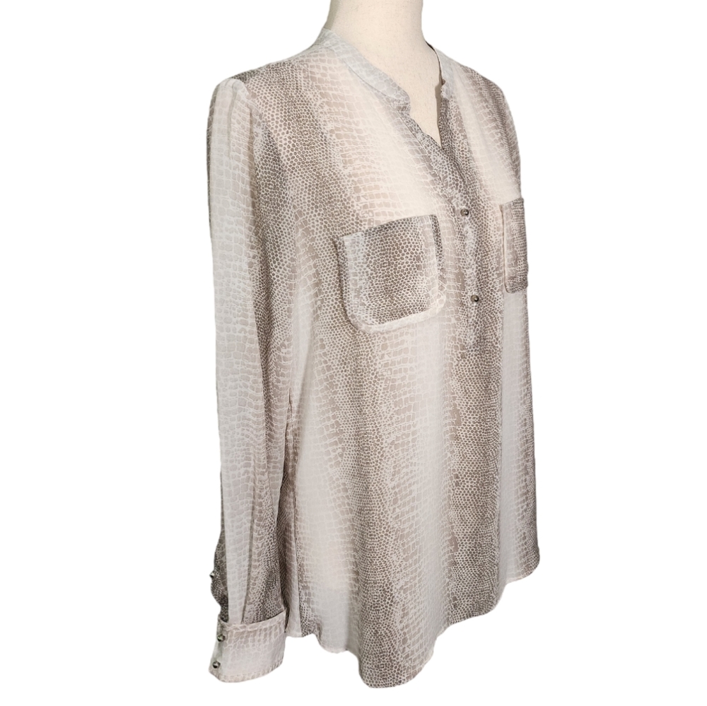 NY Collection Semi Sheer Champagne Gray Snake Print Popover Tunic M NEW